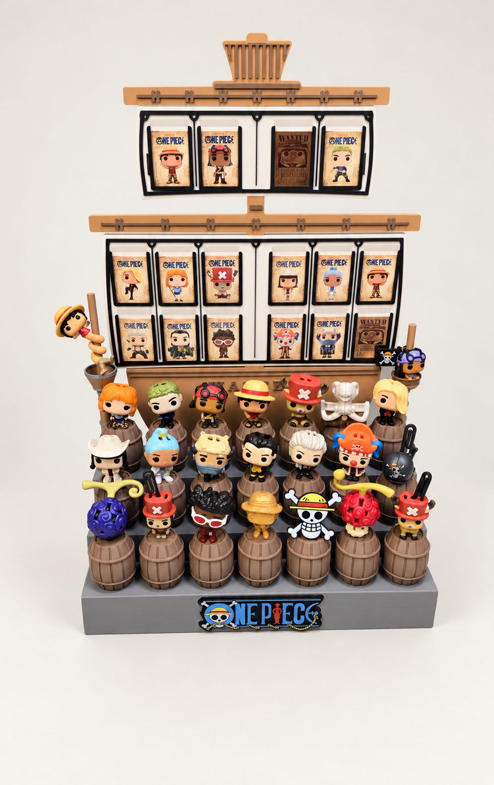 Espositore One Piece Kinder Joy a barili con portacarte – esempio di allestimento, personaggi e card non inclusi