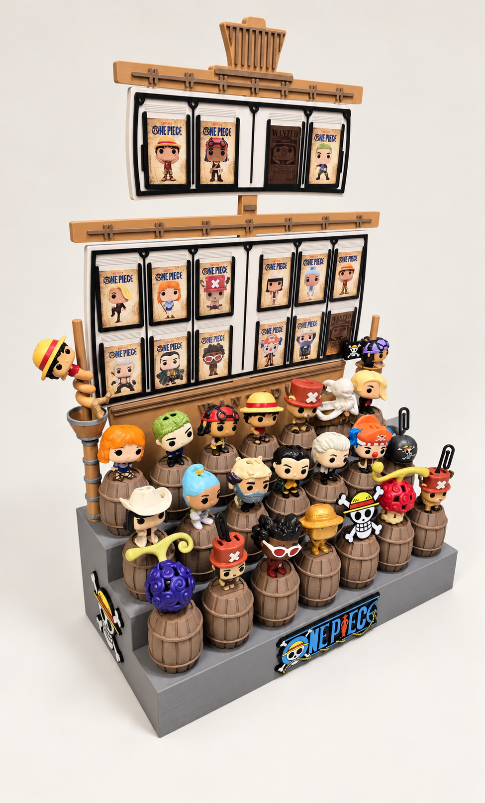 Espositore One Piece Kinder Joy a barili con portacarte – esempio di allestimento, personaggi e card non inclusi