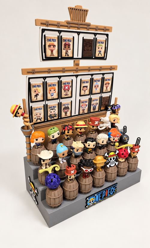 Espositore One Piece Kinder Joy a barili con portacarte – esempio di allestimento, personaggi e card non inclusi