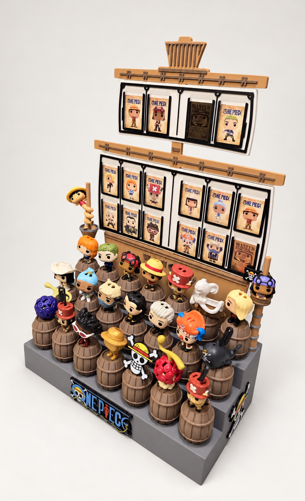 Espositore One Piece Kinder Joy a barili con portacarte – esempio di allestimento, personaggi e card non inclusi